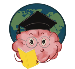 Емблемата на Brainland: мозък с академична шапка, който чете книга